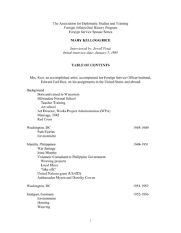 1 the Association for Diplomatic Studies and Training Foreign Affairs Oral History Program Foreign Service Spouse Series MARY KE