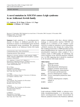 A Novel Mutation in NDUFS4 Causes Leigh Syndrome in an Ashkenazi Jewish Family