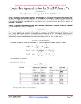 Logarithm Approximation for Small Values of ‘X’ Swapnil Paliwal#1 #Student, Ryan International School [Kandivali], Mumbai - 400101, Maharashtra