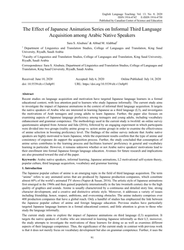 The Effect of Japanese Animation Series on Informal Third Language Acquisition Among Arabic Native Speakers