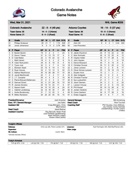 Colorado Avalanche Game Notes