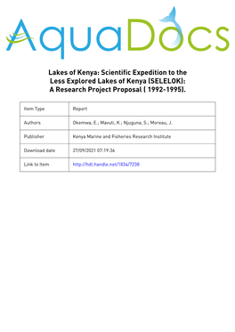 Scientific Expedition to Ithe Less Explored Lakes Ofkenya (SELELOK)