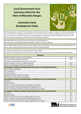 Local Government Area Summary Sheet for the Shire of Macedon Ranges