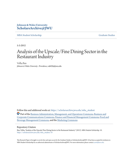 Analysis of the Upscale/Fine Dining Sector in the Restaurant Industry Volha Ban Johnson & Wales University - Providence, Vab028@Jwu.Edu