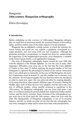 Hungarian 16Th-Century Hungarian Orthography Klára Korompay