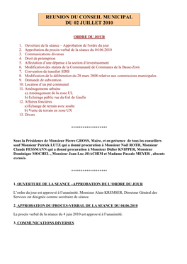 Reunion Du Conseil Municipal Du 02 Juillet 2010