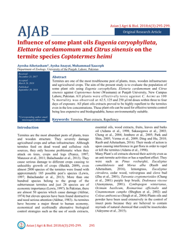 Influence of Some Plant Oils Eugenia Caryophyllata, Elettaria Cardamomum and Citrus Sinensis on the Termite Species Coptotermes Heimi