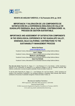 Importancia Y Valoración De Los Componentes De Satisfacción En La Experiencia Enológica En Valle De Guadalupe Ensenada, Baja