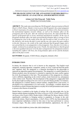 THE DRAMATIC EFFECT of the ANTAGONIST in HENRIK IBSEN's a DOLL's HOUSE: an ANALYTICAL and DESCRIPTIVE STUDY Ayham Aref Abu Oruq