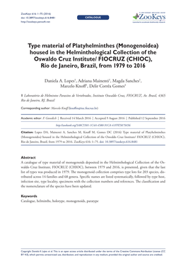 Type Material of Platyhelminthes (Monogenoidea) Housed in the Helminthological Collection of the Oswaldo Cruz Institute