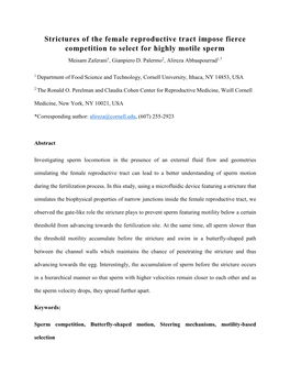 Strictures of the Female Reproductive Tract Impose Fierce Competition to Select for Highly Motile Sperm Meisam Zaferani1, Gianpiero D