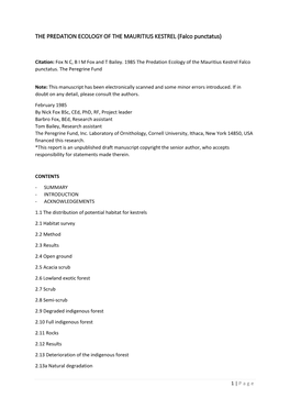THE PREDATION ECOLOGY of the MAURITIUS KESTREL (Falco Punctatus)