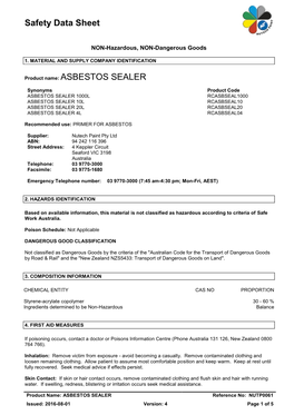 Safety Data Sheet Product Name: ASBESTOS SEALER