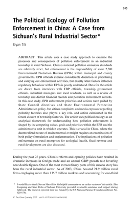The Political Ecology of Pollution Enforcement in China: a Case from Sichuan's Rural Industrial Sector*