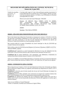 REGISTRE DES DÉLIBÉRATIONS DU CONSEIL MUNICIPAL Séance Du 11 Juin 2020