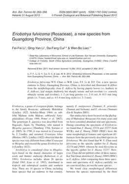 Eriobotrya Fulvicoma (Rosaceae), a New Species from Guangdong Province, China