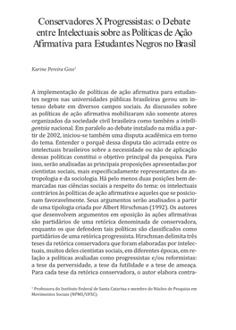 Conservadores X Progressistas: O Debate Entre Intelectuais Sobre As Políticas De Ação Afirmativa Para Estudantes Negros No Brasil