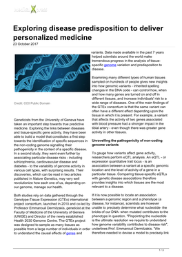 Exploring Disease Predisposition to Deliver Personalized Medicine 23 October 2017