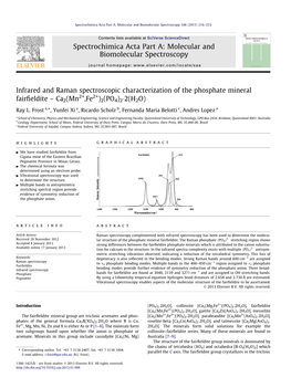 Infrared and Raman Spectroscopic Characterization of the Phosphate Mineral 2+ 2+ Fairﬁeldite – Ca2(Mn ,Fe )2(PO4)2�2(H2O) ⇑ Ray L