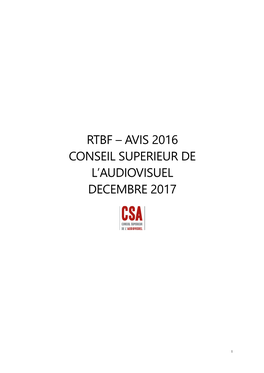 Rtbf – Avis 2016 Conseil Superieur De L'audiovisuel
