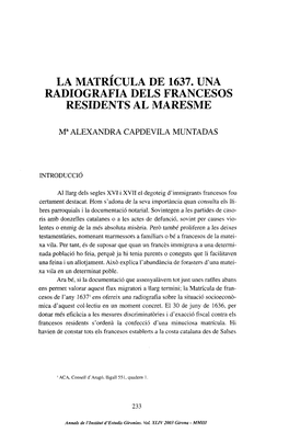 La Matricula De 1637. Una Radiografia Dels Francesos Residents Al Maresme