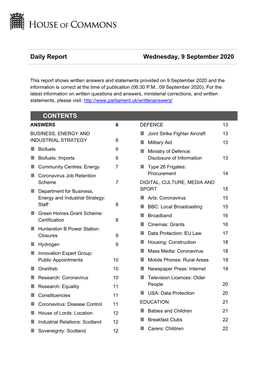 Daily Report Wednesday, 9 September 2020 CONTENTS