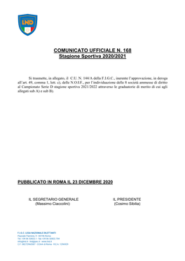 COMUNICATO UFFICIALE N. 168 Stagione Sportiva 2020/2021