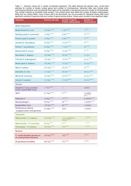 Organism Genome Size (Bp) Number of Genes - Number of Protein Coding (Total) Chromosomes