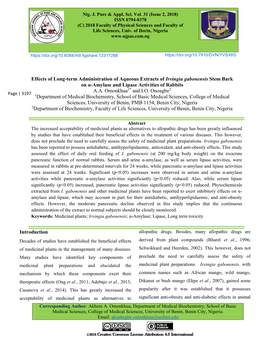 Effects of Long-Term Administration of Aqueous Extracts of Irvingia Gabonensis Stem Bark on Α-Amylase and Lipase Activities of Rabbits A.A