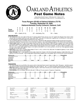 9-22-2009 Post Game Notes