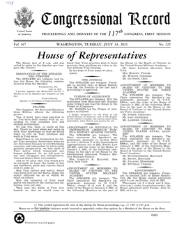 Congressional Record United States Th of America PROCEEDINGS and DEBATES of the 117 CONGRESS, FIRST SESSION