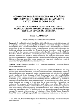 Scriitori Români De Expresie Străină Traducători Ai Operelor Româneşti: Cazul Andrei Codrescu