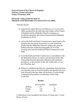 Voting Results for Item 12 MISSION and MINISTRY in COVENANT (GS 2086)