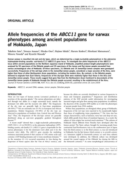 Allele Frequencies of the ABCC11 Gene for Earwax Phenotypes Among Ancient Populations of Hokkaido, Japan