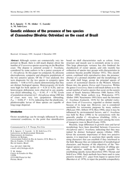 Genetic Evidence of the Presence of Two Species of Crassostrea (Bivalvia: Ostreidae) on the Coast of Brazil