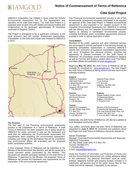 Notice of Commencement of Terms of Reference Côté Gold Project