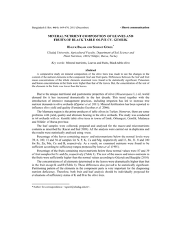 Mineral Nutrient Composition of Leaves and Fruits of Black Table Olive Cv