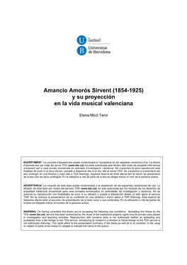 Amancio Amorós Sirvent (1854-1925) Y Su Proyección En La Vida Musical Valenciana