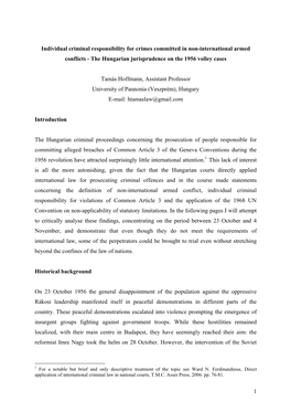 Individual Criminal Responsibility for Crimes Committed in Non-International Armed Conflicts - the Hungarian Jurisprudence on the 1956 Volley Cases