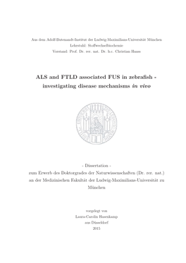 ALS and FTLD Associated FUS in Zebrafish