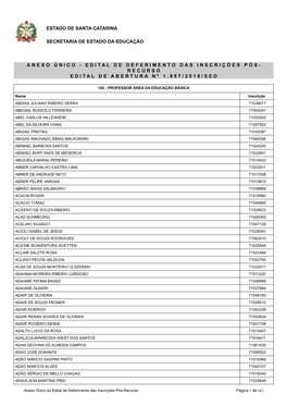 Anexo Único - Edital De Deferimento Das Inscrições Pós- Recurso Edital De Abertura Nº 1.997/2018/Sed