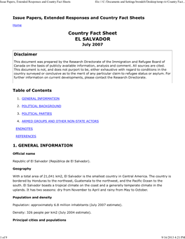 Country Fact Sheet EL SALVADOR July 2007