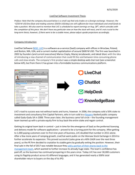 8/31/2020 Livechat Software Investment Thesis Company