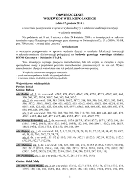 OBWIESZCZENIE WOJEWODY WIELKOPOLSKIEGO Z Dnia 17 Grudnia 2010 R