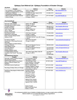 Epilepsy Care Referral List - Epilepsy Foundation of Greater Chicago City North Hospital Address Phone Website Ann & Robert H