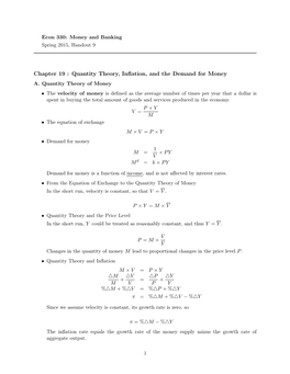 Chapter 19 : Quantity Theory, Inflation, and the Demand for Money