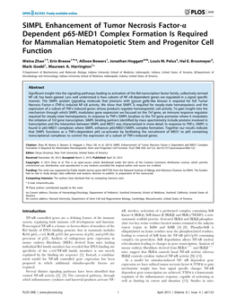 SIMPL Enhancement of Tumor Necrosis Factor-A Dependent P65-MED1 Complex Formation Is Required for Mammalian Hematopoietic Stem and Progenitor Cell Function