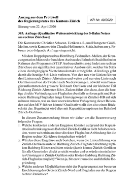 Auszug Aus Dem Protokoll Des Regierungsrates Des Kantons Zürich KR-Nr