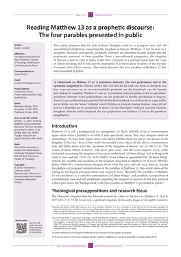 Reading Matthew 13 As a Prophetic Discourse: the Four Parables Presented in Public