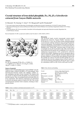 Crystal Structure of Iron Nickel Phosphide, Fe1. 7Ni1. 3P, a Schreibersite Extracted from Canyon Diablo Meteorite